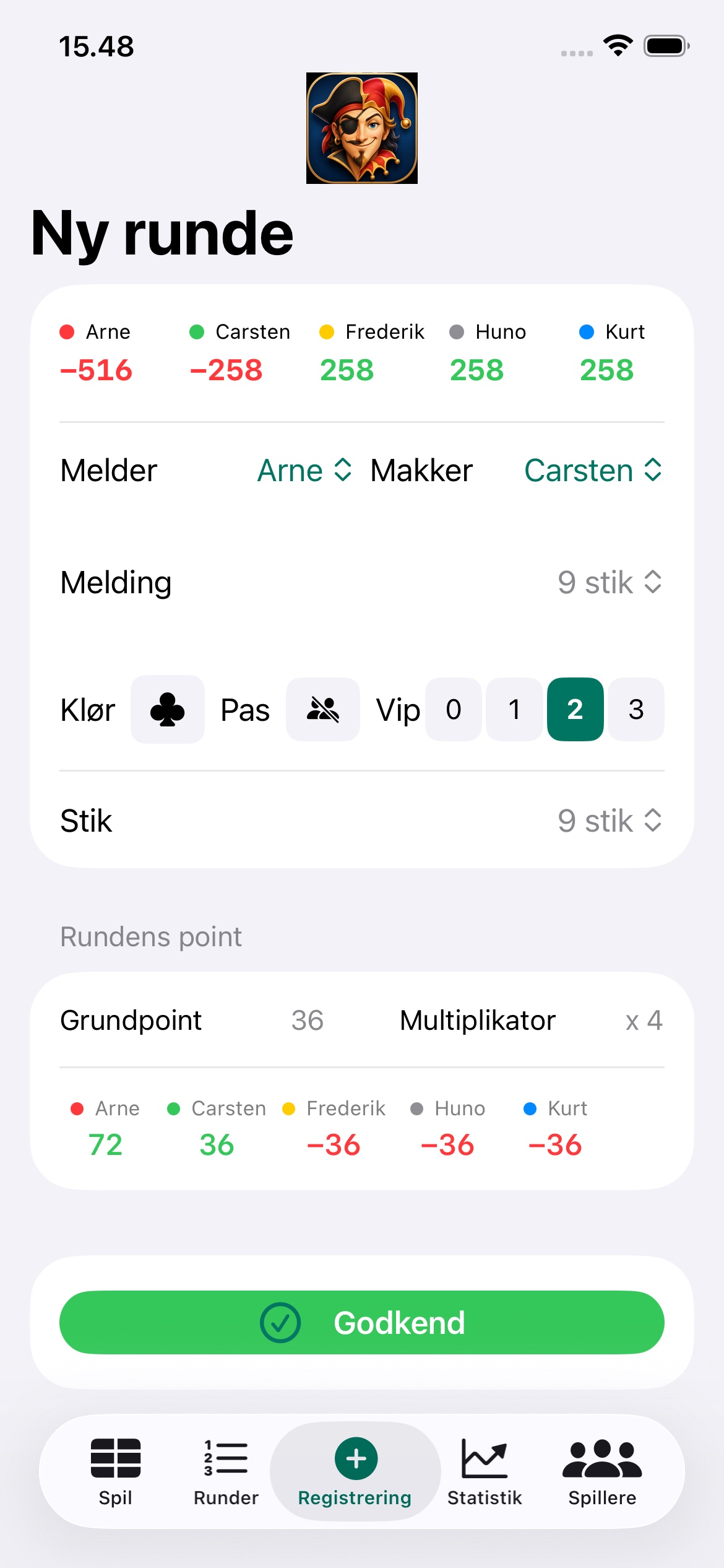 PiratWhist ny runde med valg af melder, makker, melding og point
