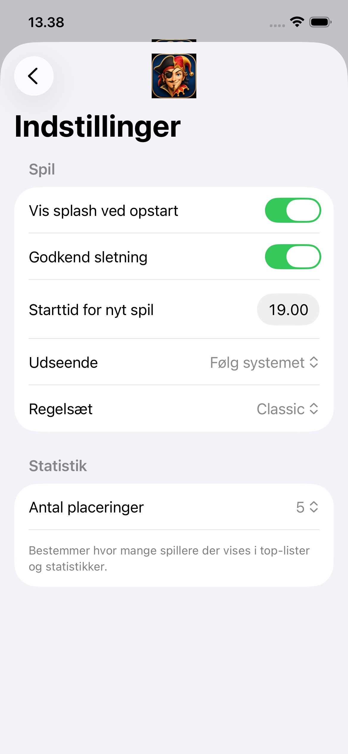 PiratWhist statistikskærm med pointudvikling og bedste og værste runde