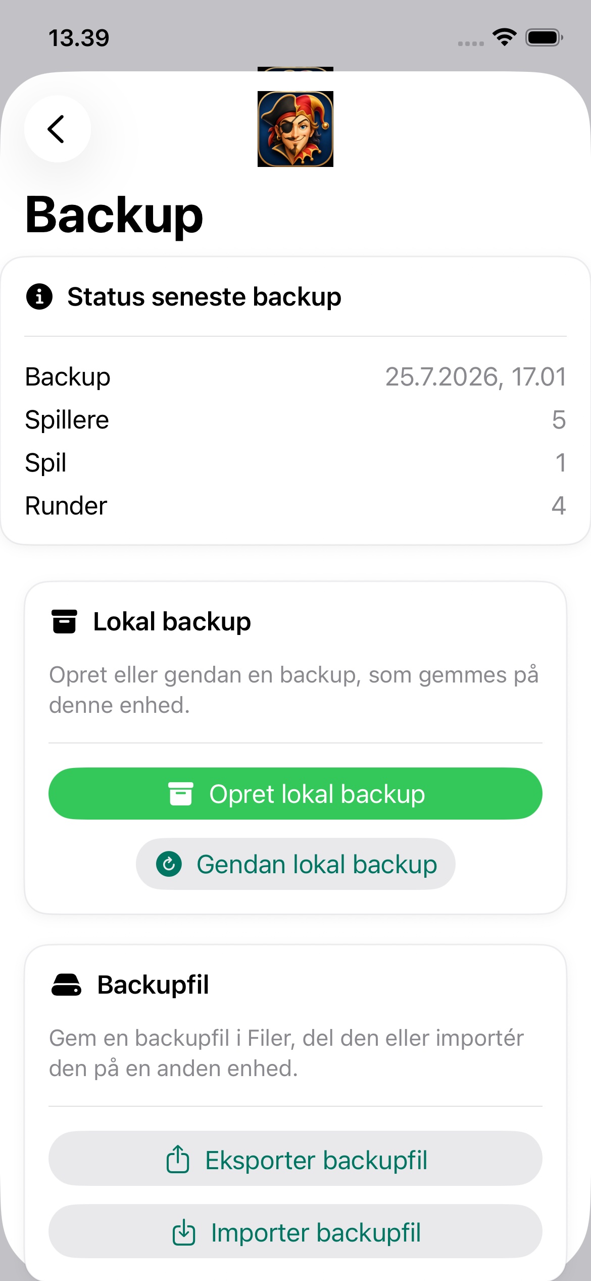 PiratWhist statistikskærm med pointudvikling og bedste og værste runde